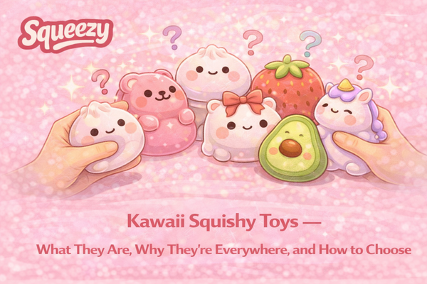 Collection of kawaii slow-rise squishy toys in food and animal designs — what are kawaii squishy toys 2026