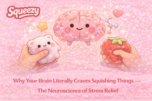 lose-up of hands squeezing a slow-rise squishy toy — neuroscience of stress relief and why squishing feels good