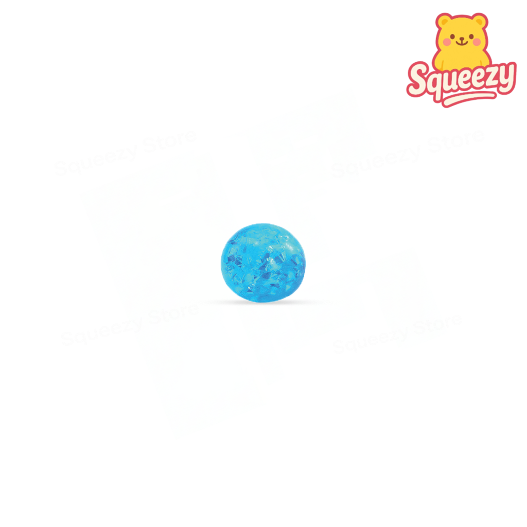 Blue Ribbon Ball translucent stress relief toy filled with sparkling ribbon confetti.