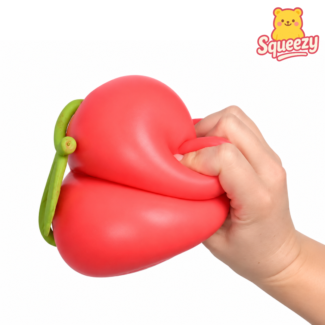 Close-up of a hand squeezing a cherry squishy slow rising sensory stress relief toy