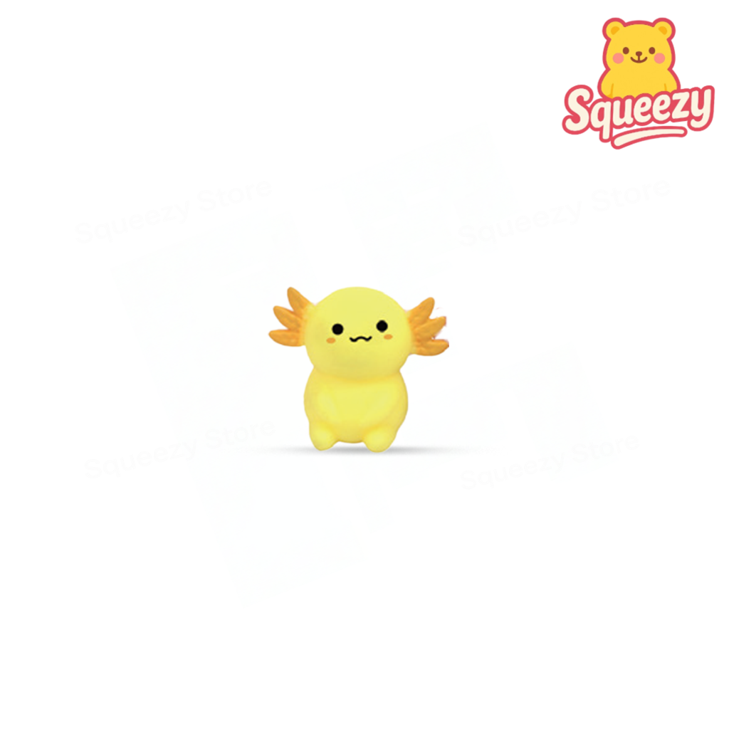 Yellow EVA Axolotl soft stress relief toy with orange frilly gills and smiling face.