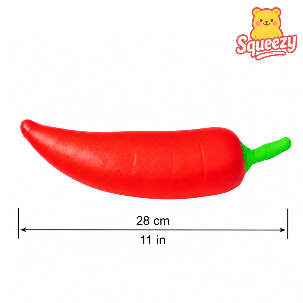 Giant Red Chili Pepper Jumbo Squishy with size reference measuring approximately 28 cm (11 inches)