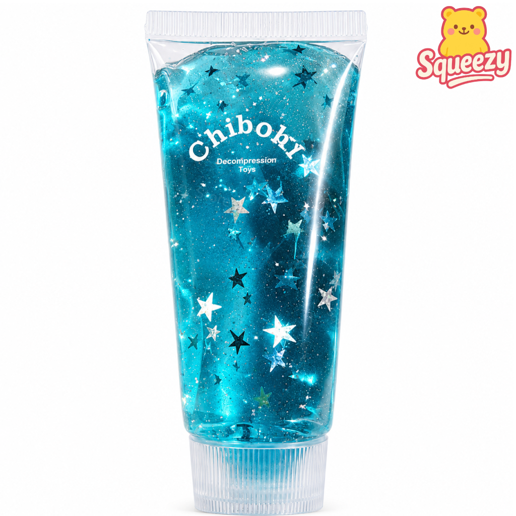 Light blue Chiboki sensory squeeze tube filled with floating blue gel balls.