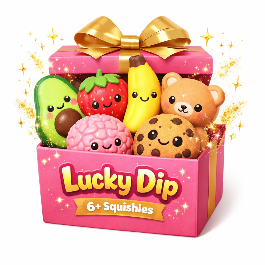 Lucky Dip Mystery Squishy Box with 6 surprise kawaii
slow-rise squishy toys — stress relief fidget toy gift
box for kids and adults by Squeezy Store