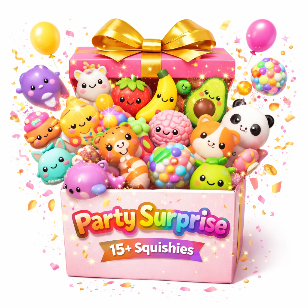 Party Surprise mystery squishy box with 15 premium
slow-rise kawaii squishy toys — bulk sensory fidget
toy gift set for birthday parties and kids by Squeezy Store