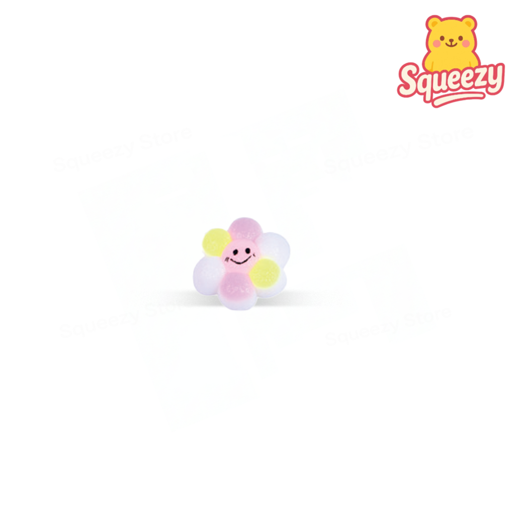 Purple Colorful Flower Squishy soft EVA stress relief toy with pastel petals and smiling face.