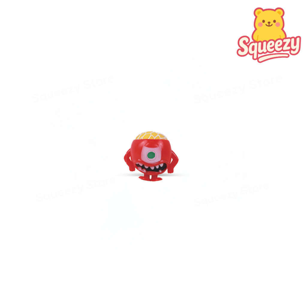 Red Monster Mesh Ball soft sensory toy with single eye and toothy grin.