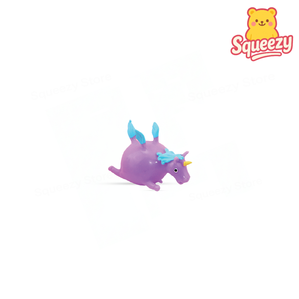 Small Unicorn soft sensory toy with purple body, blue wings, turquoise mane, and golden horn.
