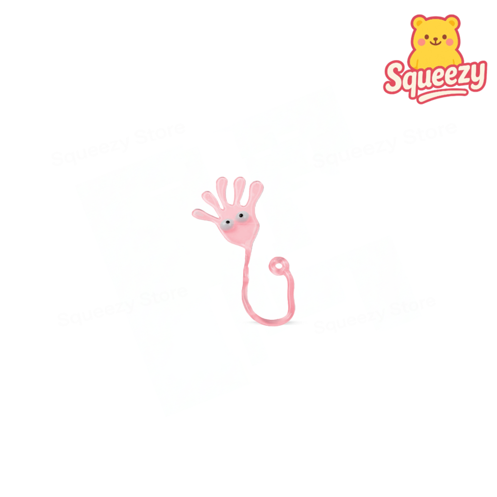 Sticky Palm with Yoyo and Emoji Face stretchy hand slap toys in pink, purple, blue, and red colors.