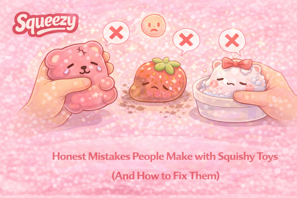 Person using a squishy toy incorrectly at desk — common squishy toy mistakes and how to fix them by Squeezy Store