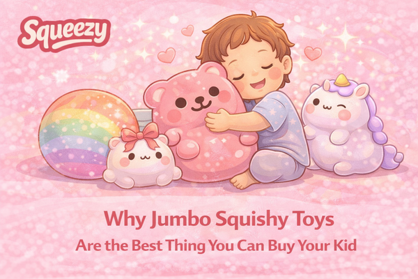 Giant jumbo strawberry squishy toy held with both hands — oversized slow-rise sensory toy for kids 2026 by Squeezy Store