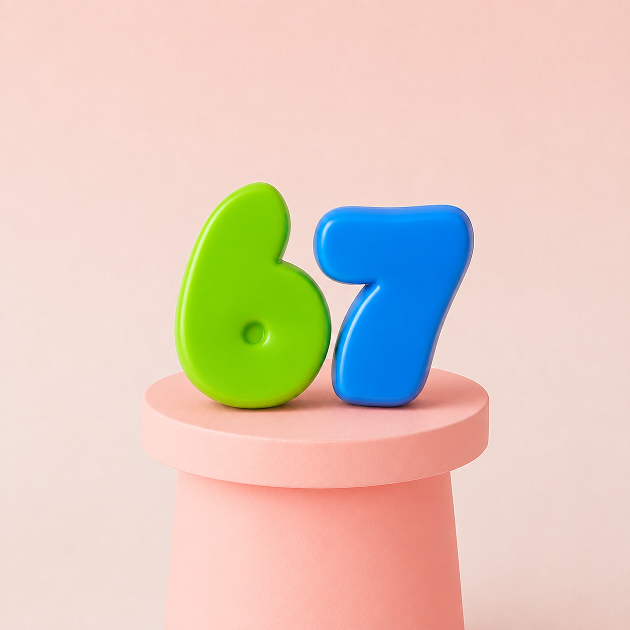 Two glossy 3D number blocks, a green '6' and a blue '7', displayed on top of a pink cylindrical pedestal against a soft pink background.