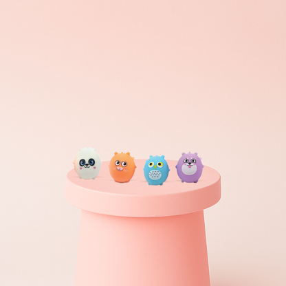 Animal Cuties soft EVA stress relief toys in orange fox, white cat, blue owl, and purple bear designs.