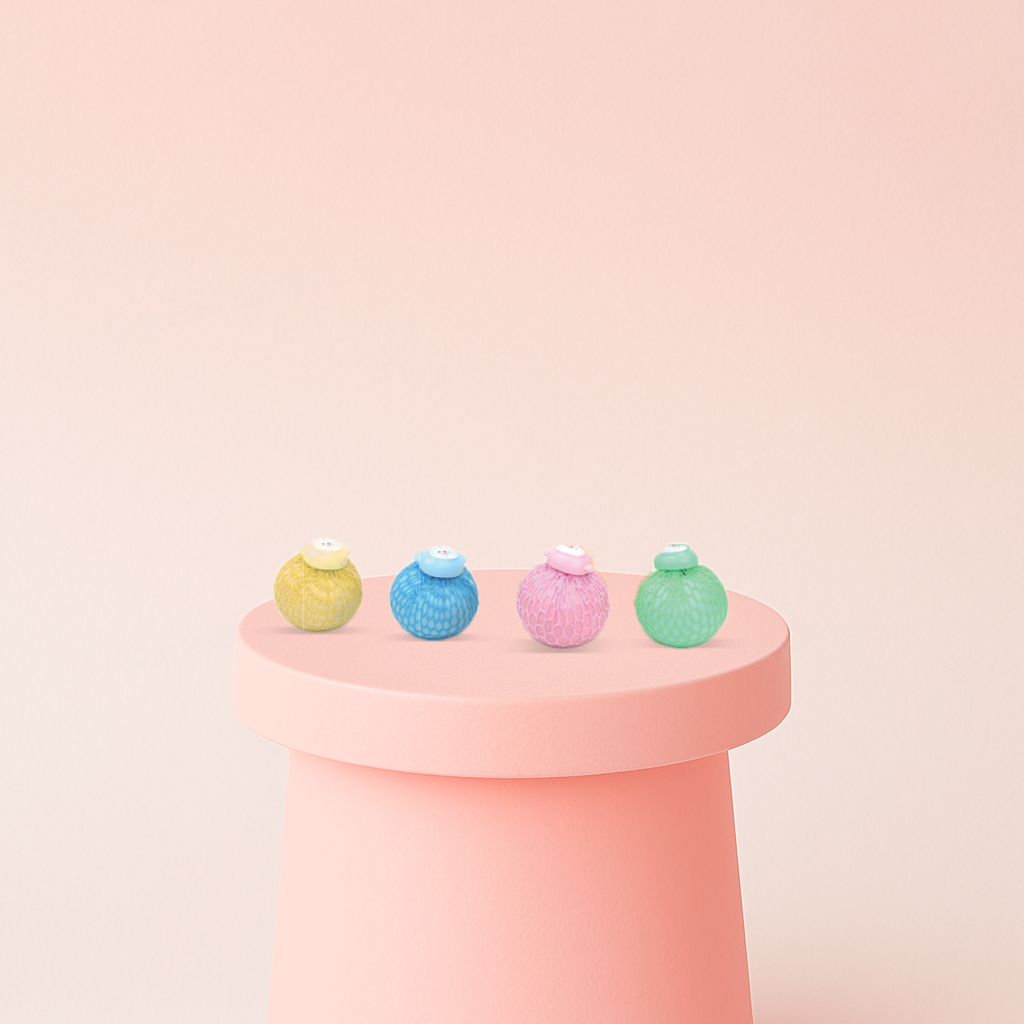Animal Theme Mesh Ball cute mesh stress relief toys in pink, blue, yellow, and green pastel colors.