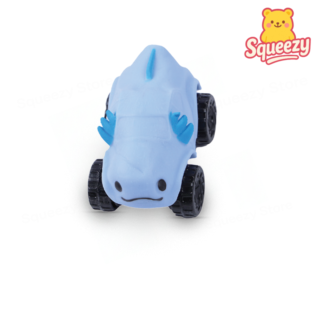 Blue Axolotl Car toy with pull-back action and rolling wheels.