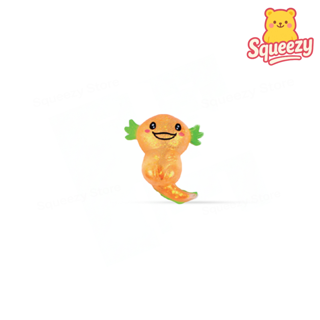 Orange Axolotl with Maltose soft sensory toy with sparkling translucent body and colorful gills.