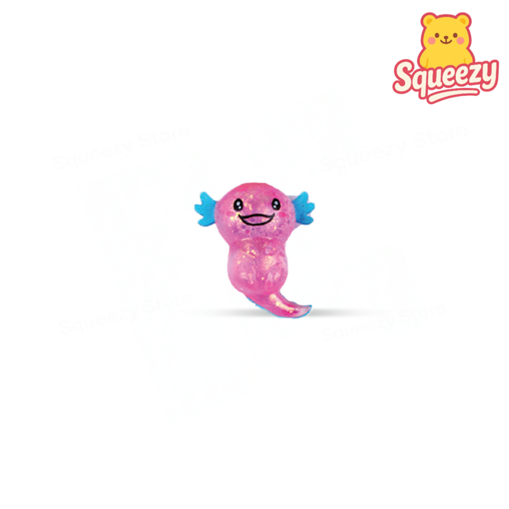 Pink Axolotl with Maltose soft stress relief toy with translucent glitter body and smiling face.