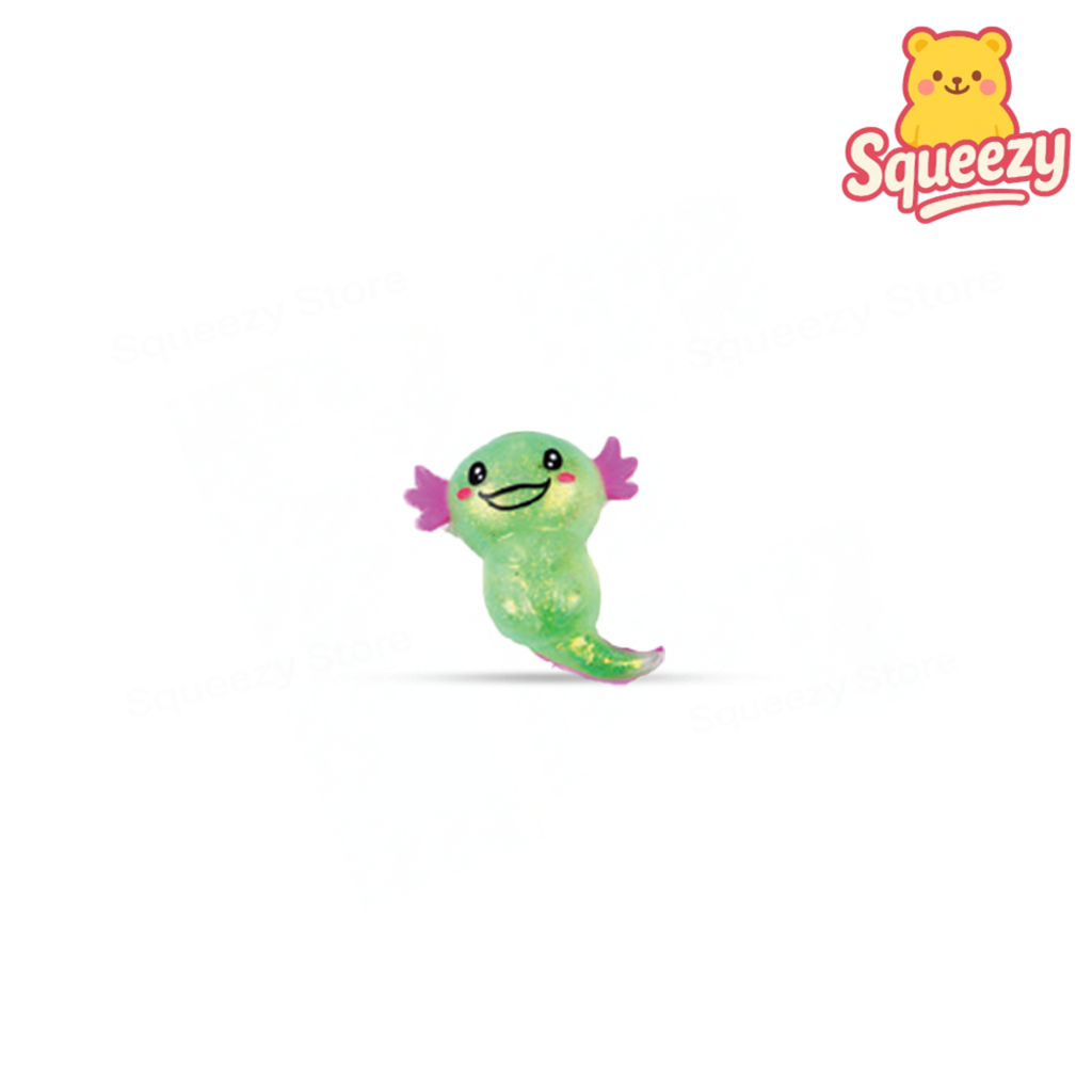 Green Axolotl with Maltose soft EVA stress relief toy with translucent glitter-filled body.