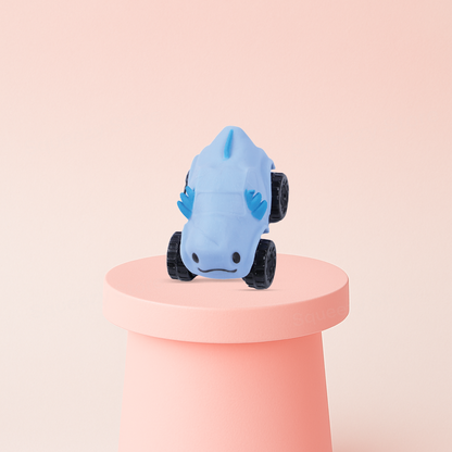 Axolotl Car pull back toy featuring a cute blue axolotl with rolling wheels.