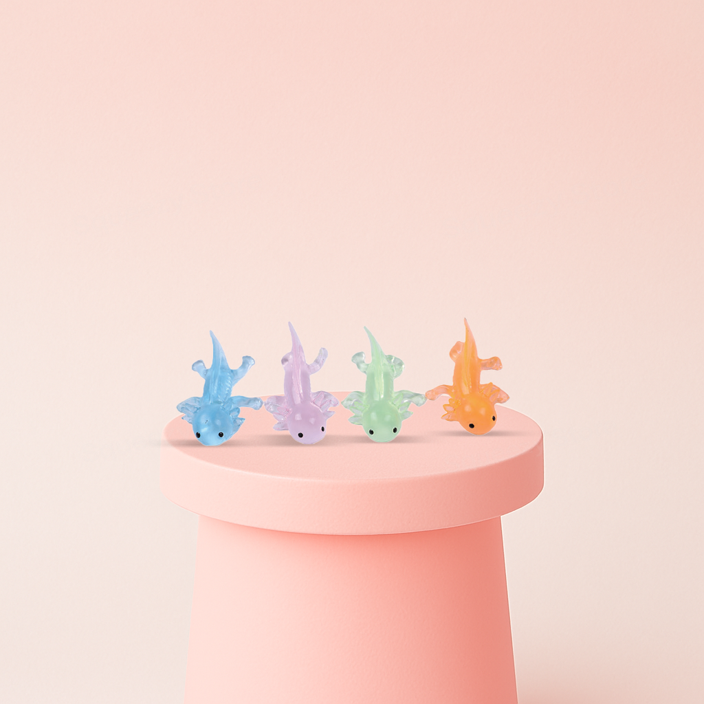 Axolotl Squishies soft EVA stress relief toy in translucent blue, purple, green, and orange axolotl designs.