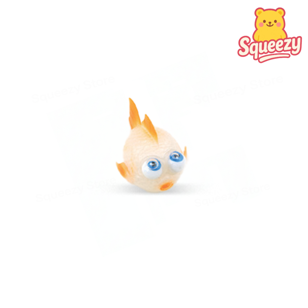 Squeeze toy with blue eyes and orange accents on a white background, featuring the 'Squeezy' brand logo.