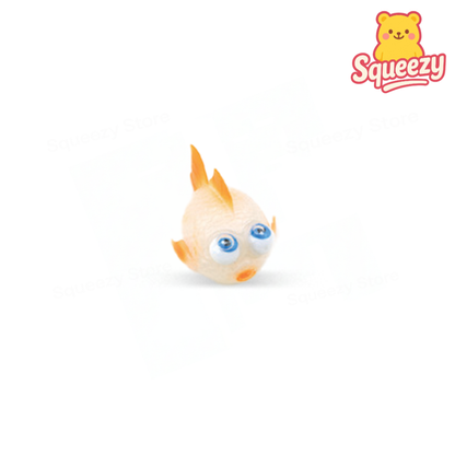 Squeeze toy with blue eyes and orange accents on a white background, featuring the 'Squeezy' brand logo.