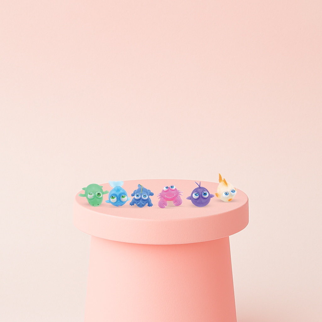 Big Rolling Eye Animals in blue, green, yellow, pink, and purple designs with oversized wobbling eyes.