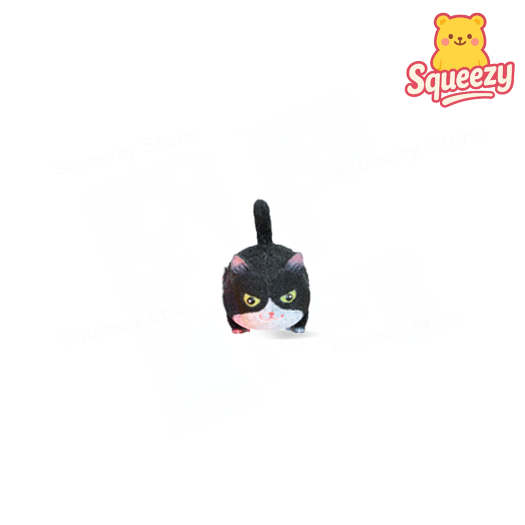 Black Big Angry Cat soft sensory toy with yellow eyes and grumpy face.