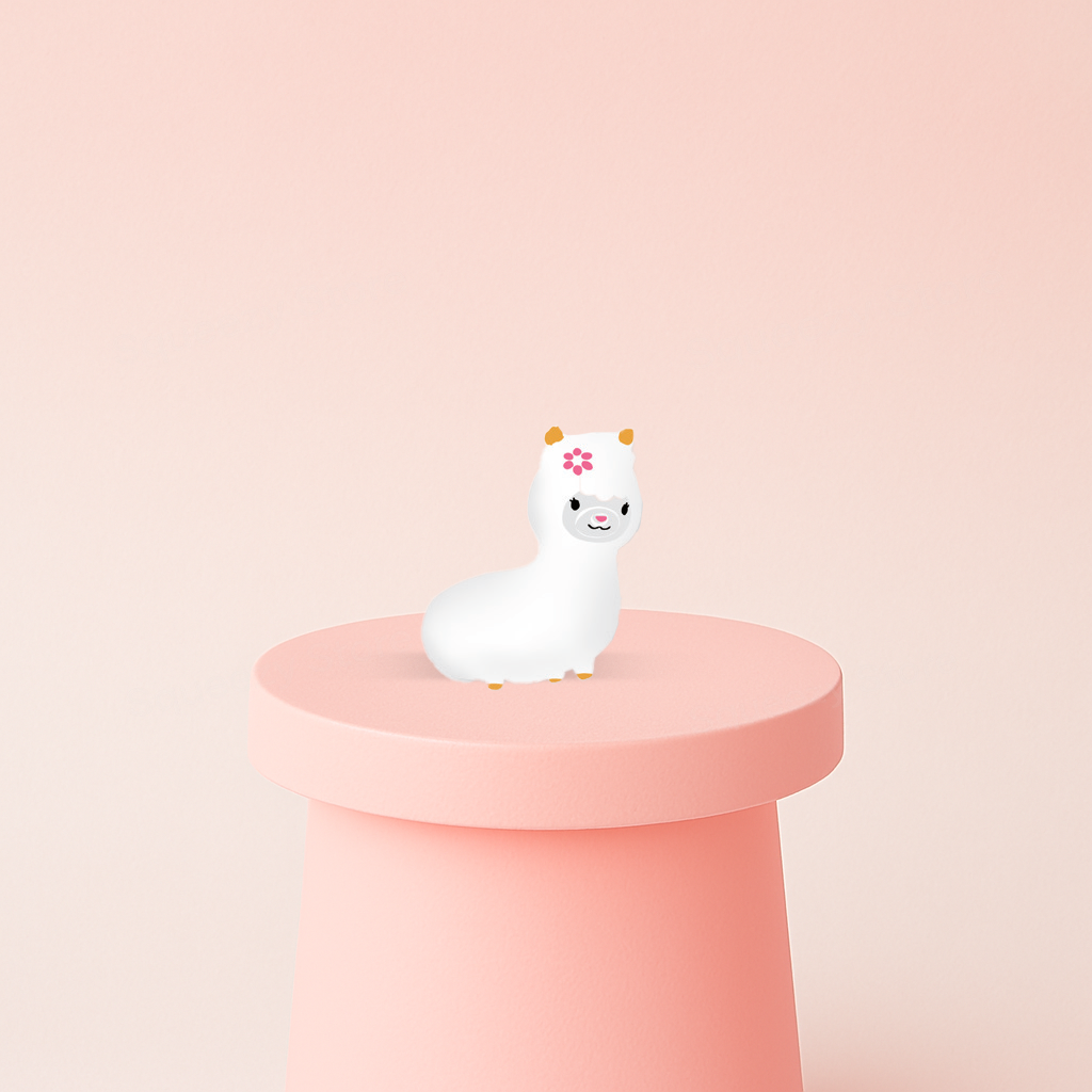Blossom Llama display box featuring white llama EVA stress relief toys with pink flower details.