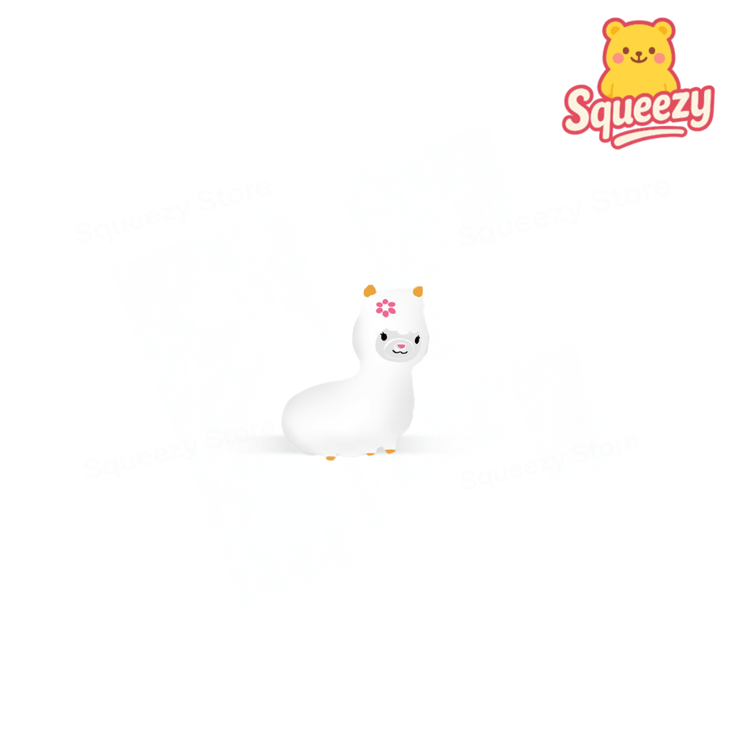 Blossom Llama soft EVA stress relief toy shaped like a white llama with a pink flower on its forehead.