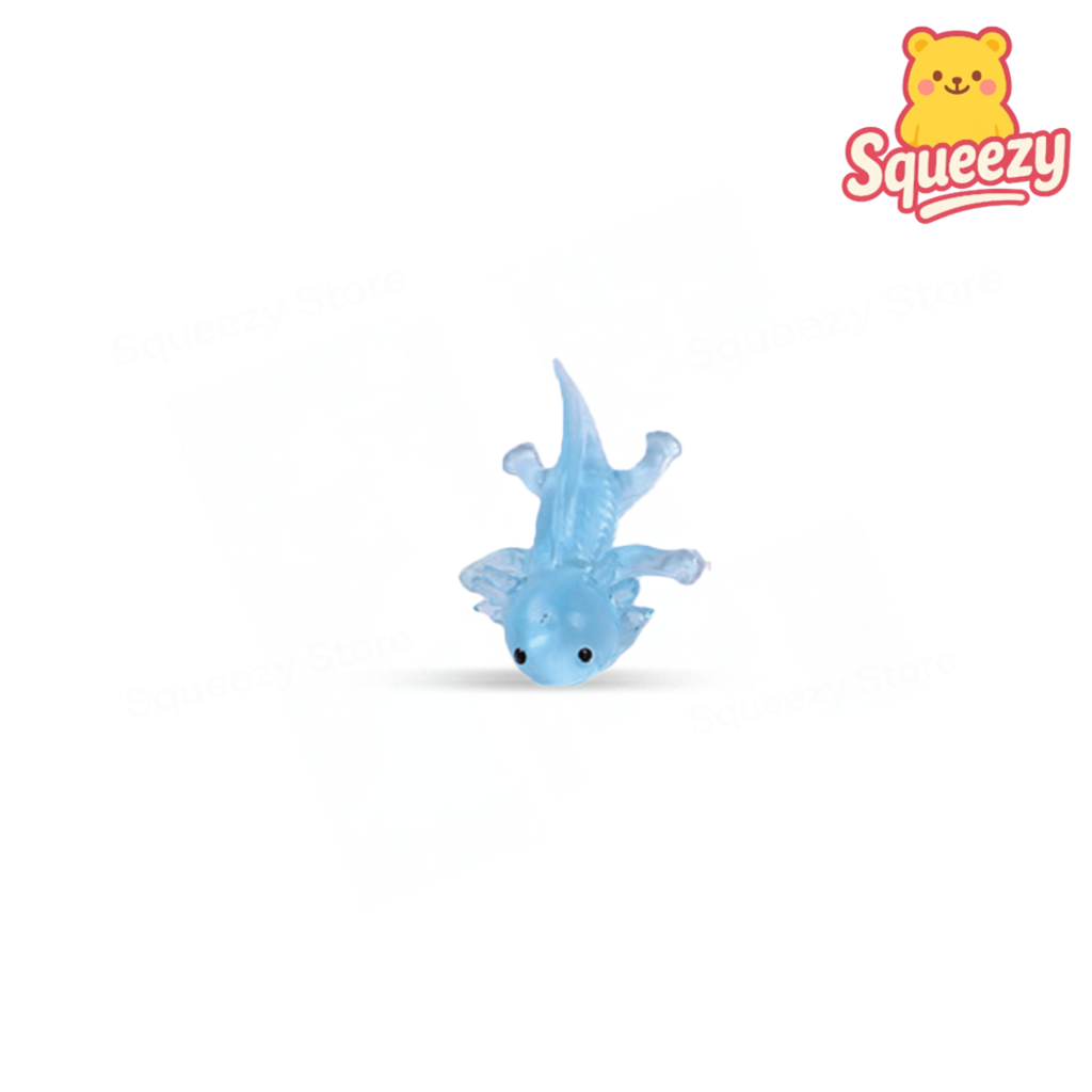 Blue Axolotl Squishy soft EVA stress relief toy with translucent body and frilly gills.