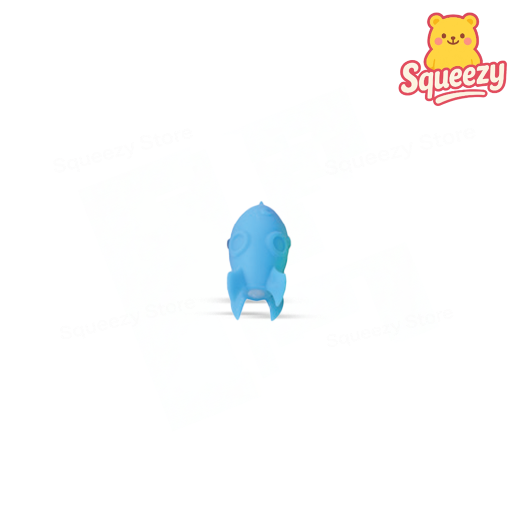 Blue EVA Rocket soft EVA stress relief toy with rounded body and side fins.