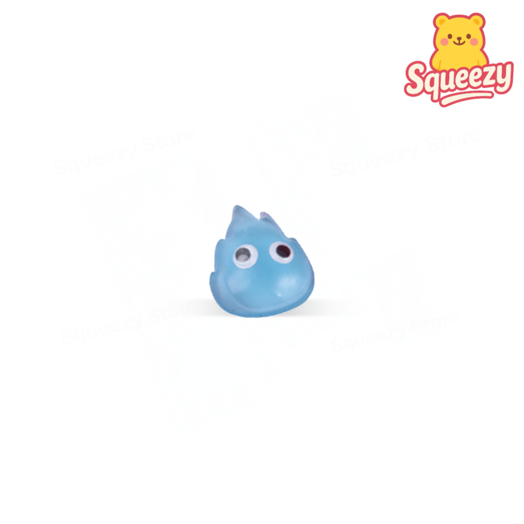 Blue Flame-Shaped Squishy stress relief toy with droplet shape and oversized googly eyes.