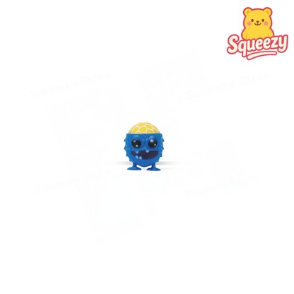 Blue Monster Mesh Ball soft EVA stress relief toy with glasses and cheerful face.