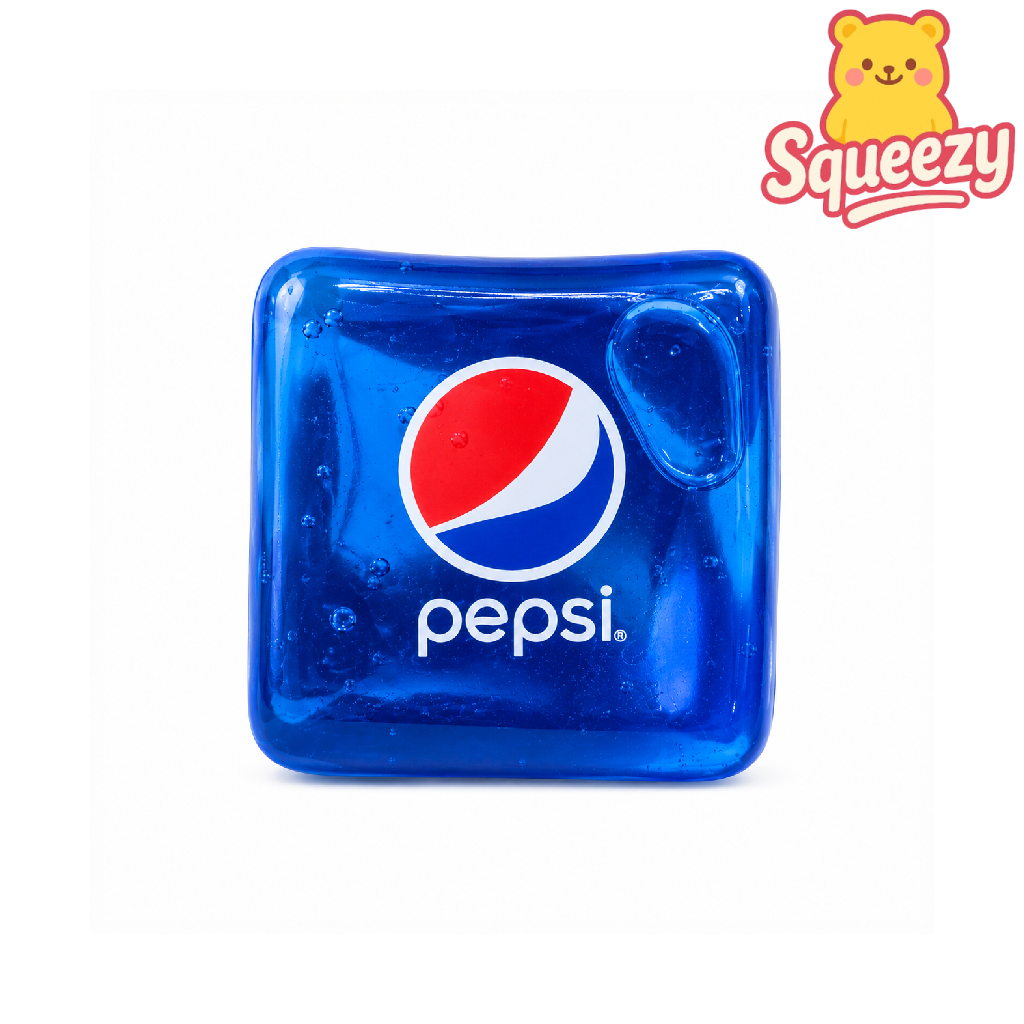 Blue Pepsi soda cube squishy with glossy translucent texture on a white background