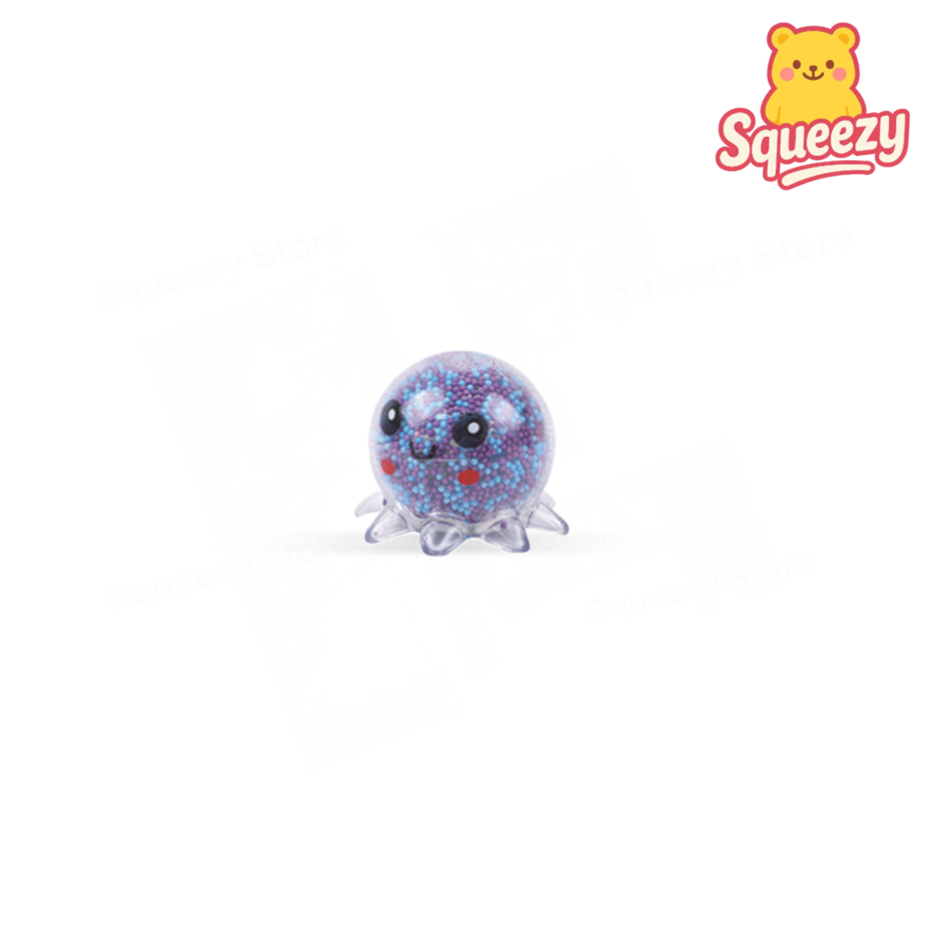 Blue Squishy Octopus with Beads soft stress relief toy with translucent body and colorful beads.