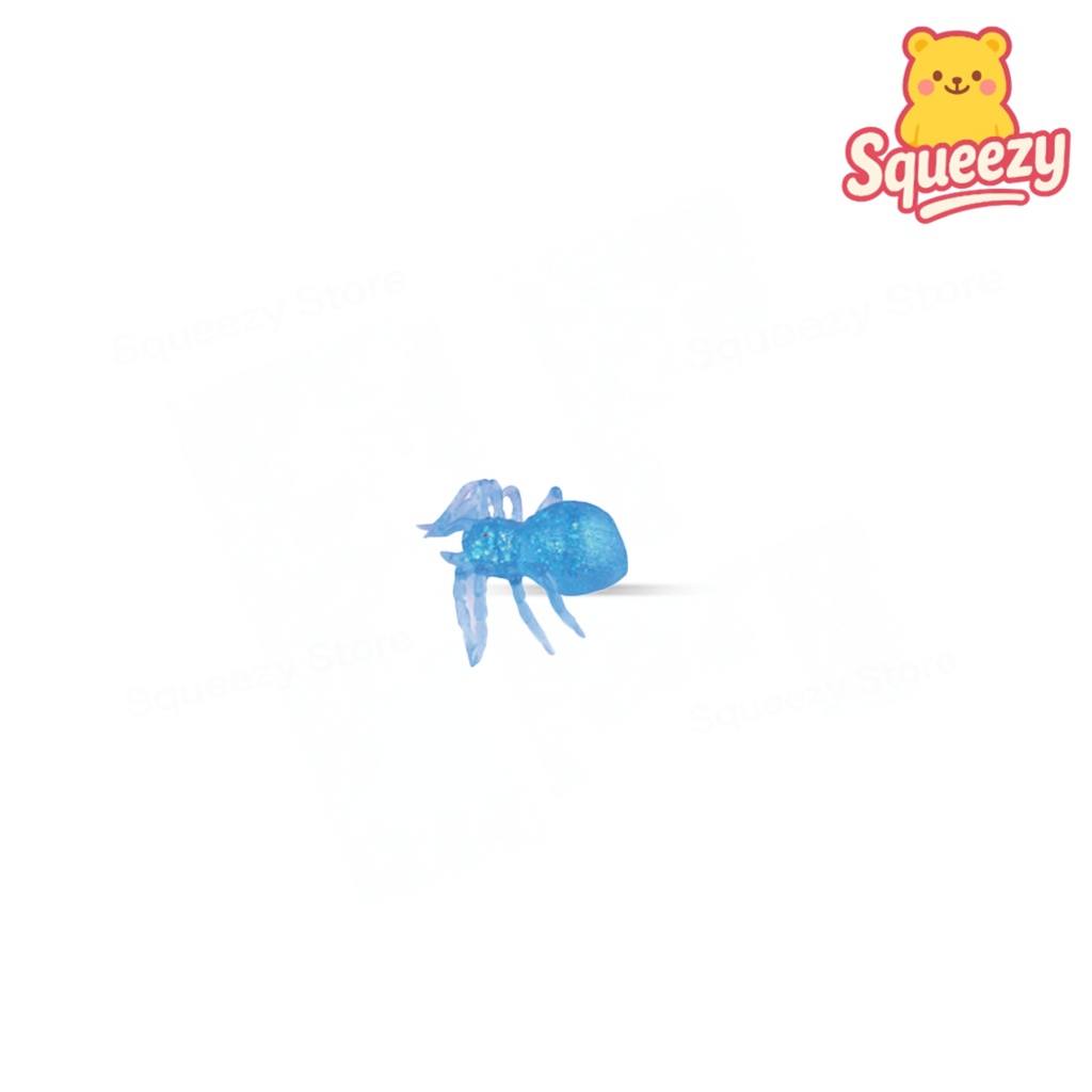 Blue Squishy Spider with Maltose soft EVA stress relief toy with crystal-clear glitter body and spider design.