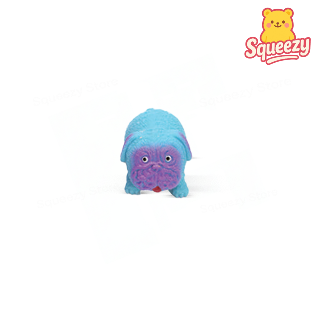 Blue Stretchy Pug flexible squeezable sensory toy for stress relief.