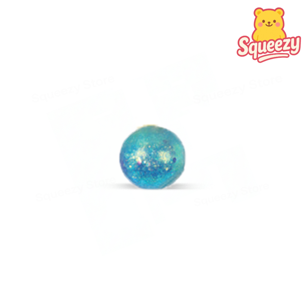 Blue glittery ball with 'Squeezy' logo on a white background