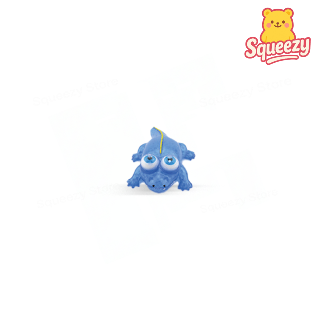 Blue squishy toy with 'Squeezy' logo on a white background