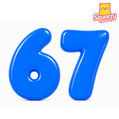 Blue inflatable number 67 balloon or float on a white background, with a Squeezy brand logo in the top right corner.