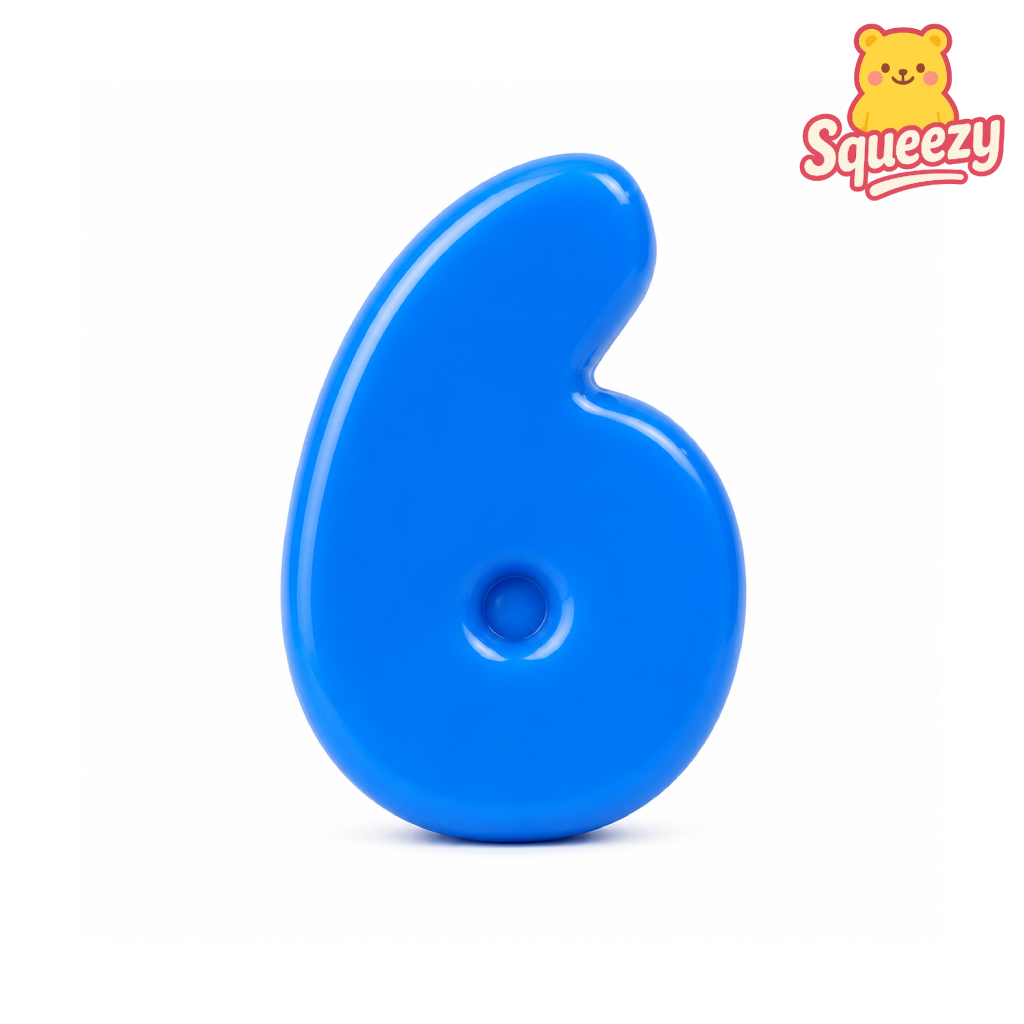 A bright blue plastic number 6 toy or block on a clean white background, with a Squeezzy brand logo in the top right corner.