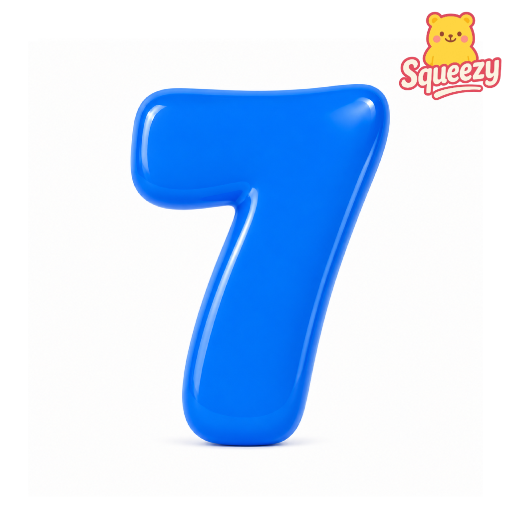 A glossy blue number 7 balloon or inflatable number 7 on a clean white background, with a yellow Squeezy brand logo in the top right corner.