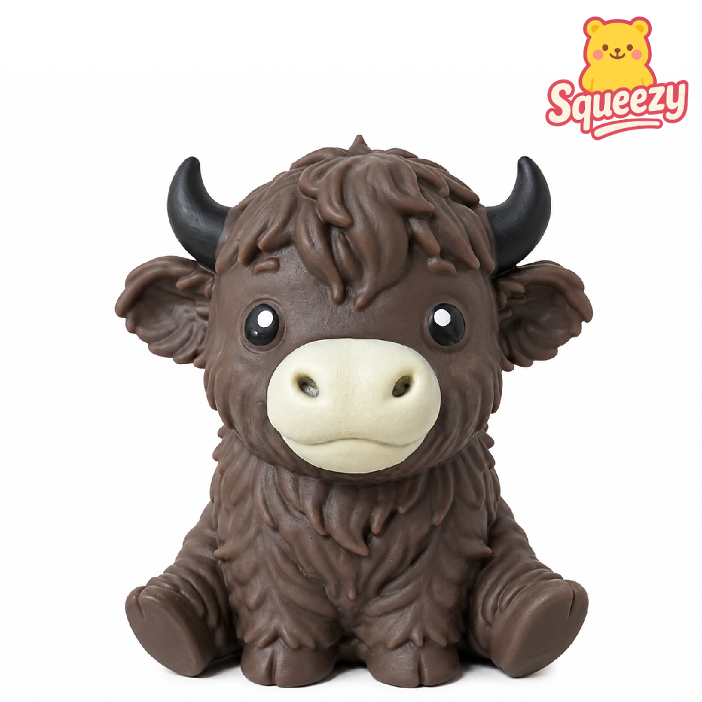 Brown Highland Cow Jumbo Squishy with soft fuzzy texture and adorable face – giant stress relief toy