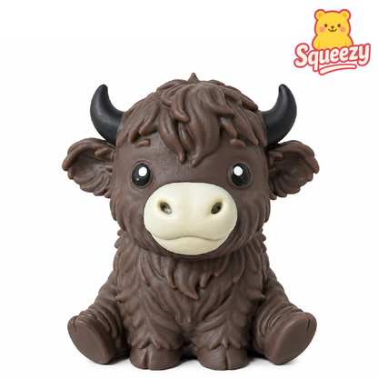 Brown Highland Cow Jumbo Squishy with soft fuzzy texture and adorable face – giant stress relief toy