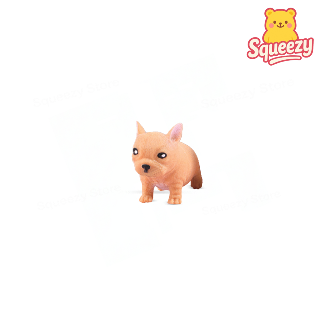 Brown Stretchy Bulldog flexible squeezable dog sensory toy.