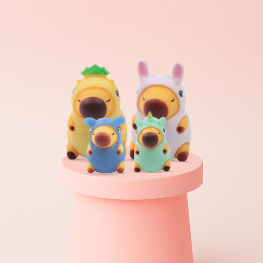 Capybara in Costume Blind Box six collectible capybara figures dressed in colorful animal costumes.