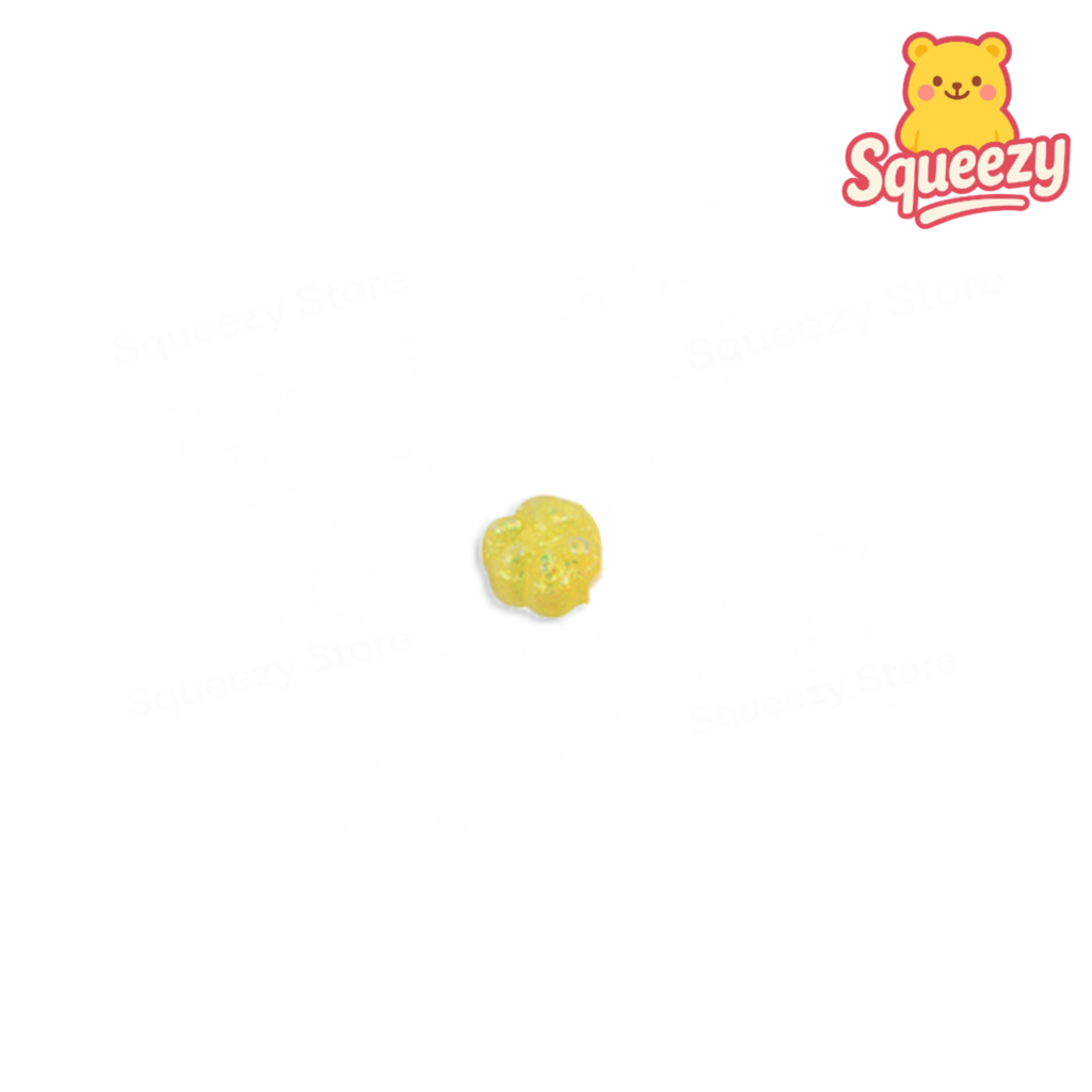 Yellow squishy toy with 'Squeezy' branding on a white background