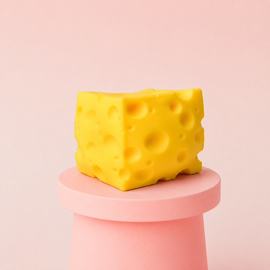Cheese Squishy jumbo yellow stress relief toy shaped like a realistic block of Swiss cheese.