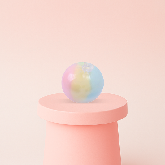 Colorful Crispy Ball pearlescent stress relief ball in pastel pink, blue, and yellow colors.